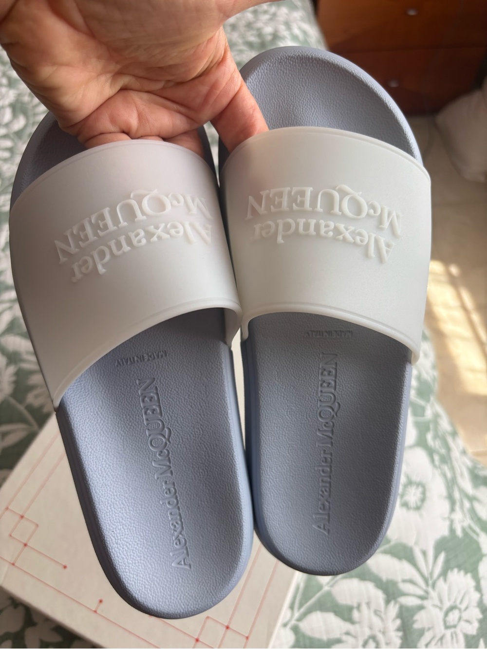Alexander McQueen Light Blue and White Slide Sandals